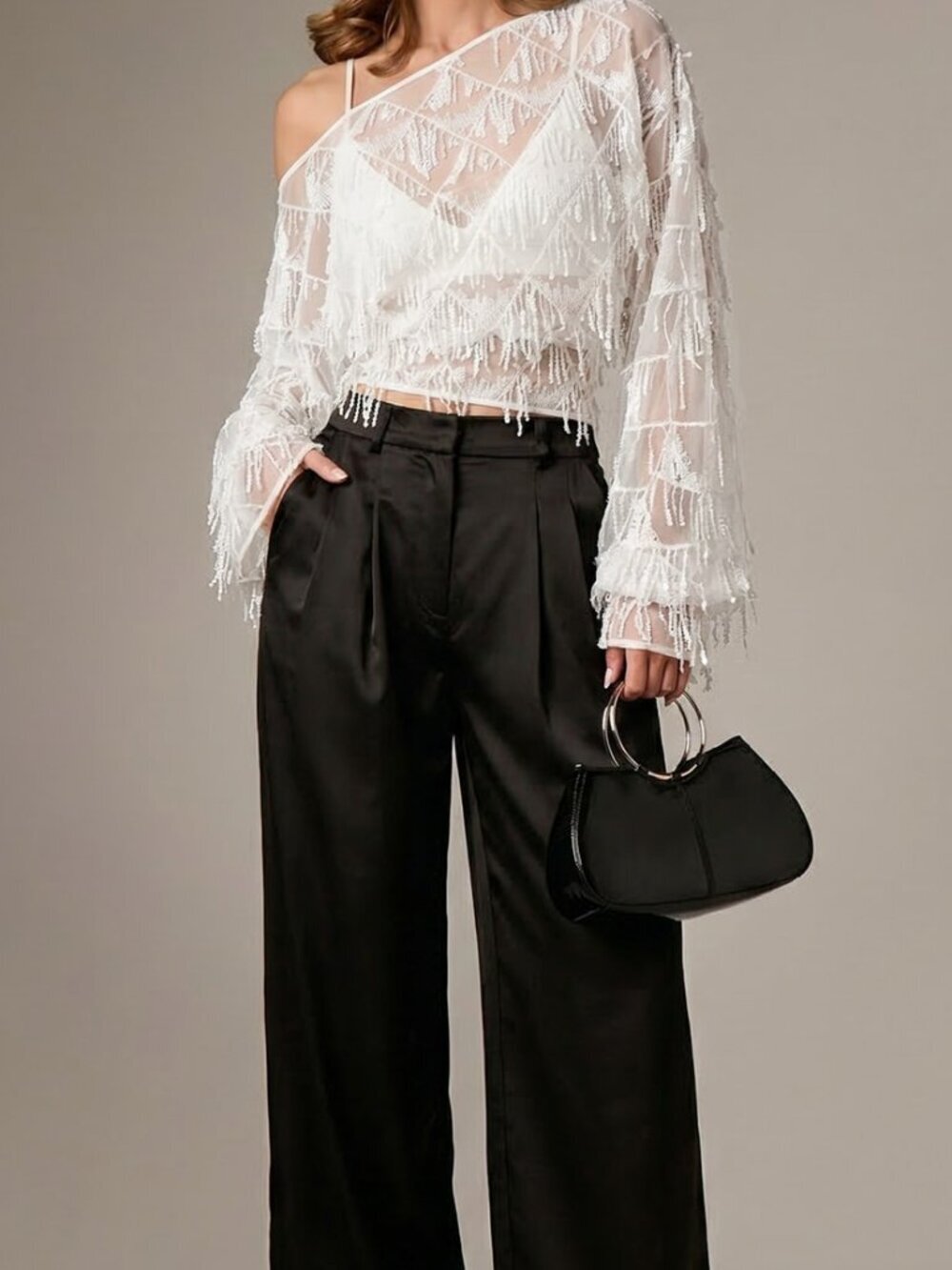 White Sexy Women's Sequin One Shoulder Top with Fringe and Sheer Sleeves - Picture 3 of 6